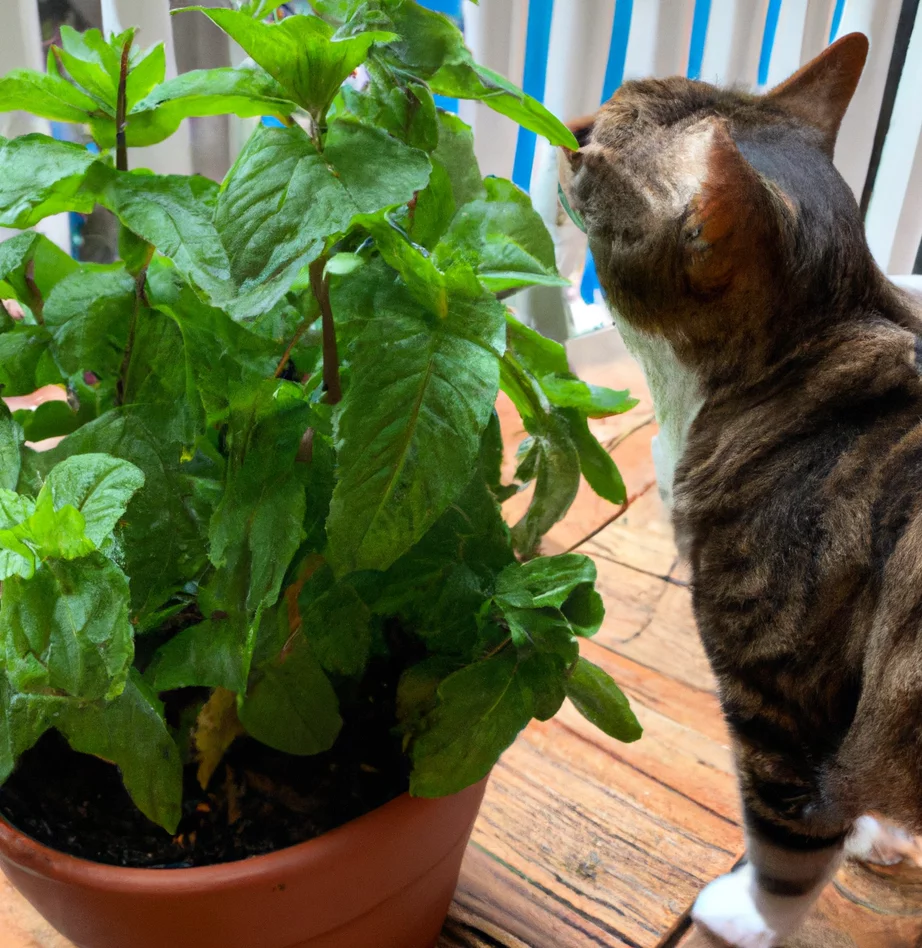 Cat stands near mint