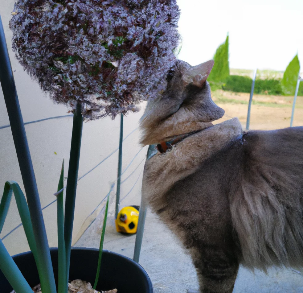 Elephant Garlic with a cat trying to sniff it