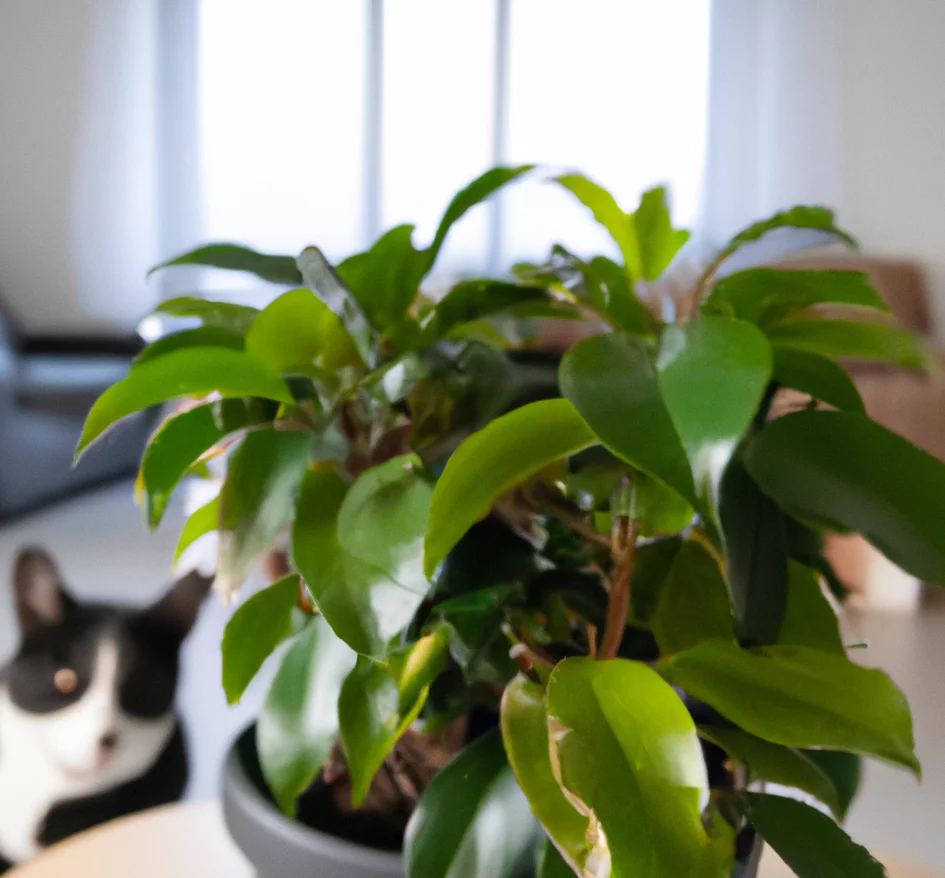 Fig plant with a cat in the background