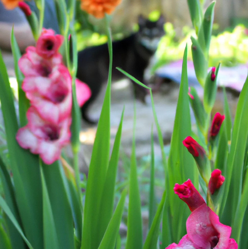 Gladiolus with a cat in the background