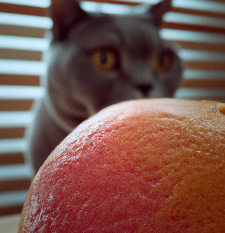 Grapefruit with a cat in the background