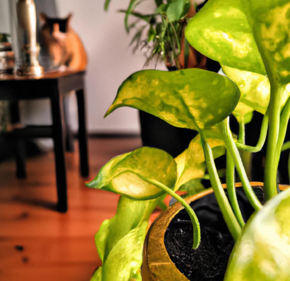 Green Gold Nephthytis plant with a cat in the background