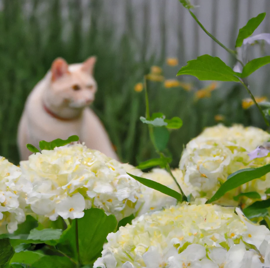 Hydrangea with a cat in the background