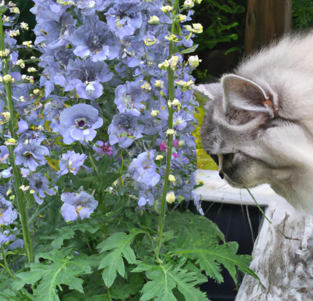 Larkspur with a cute cat trying to sniff it