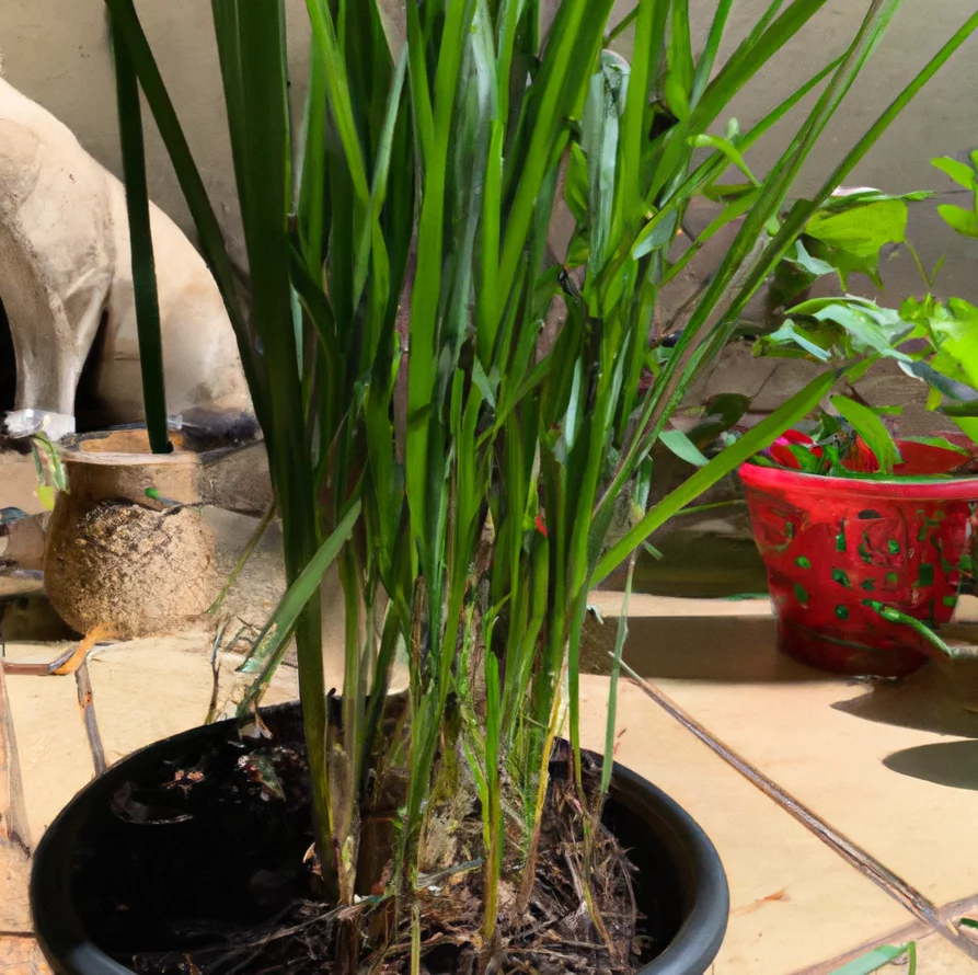 Lemongrass plant and a cat nearby