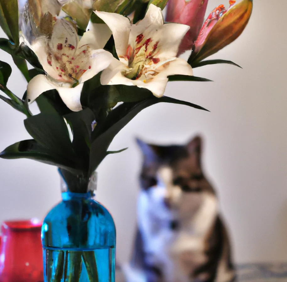 Lilies and a cat nearby
