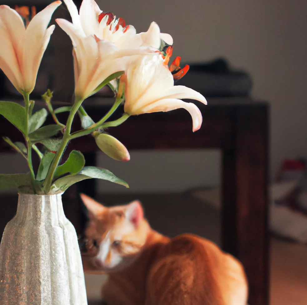 Lily flowers in a vase with a cat in the background