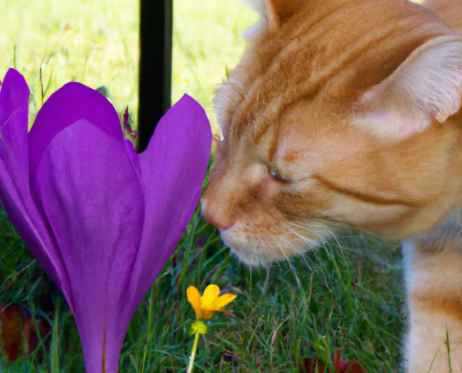 Meadow Saffron plant with a cat trying to sniff it