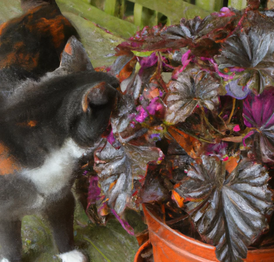 Metallic Leaf Begonia with a cat nearby