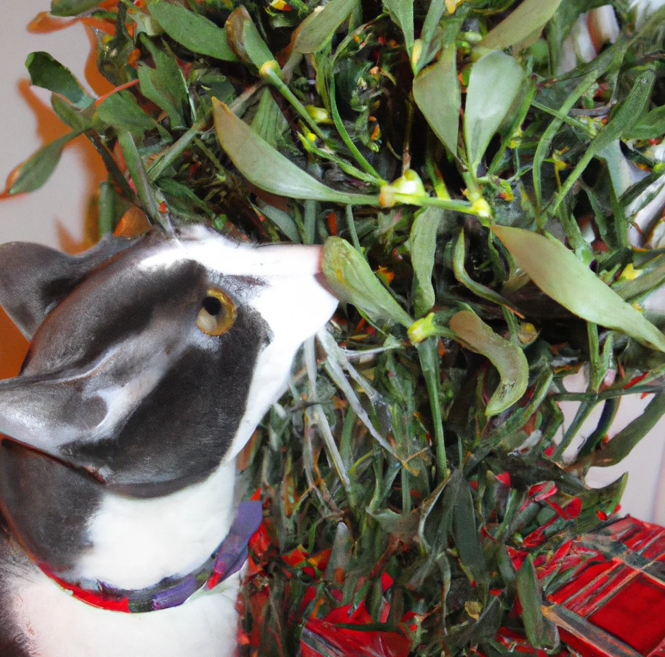 Mistletoe with a cat trying to sniff it