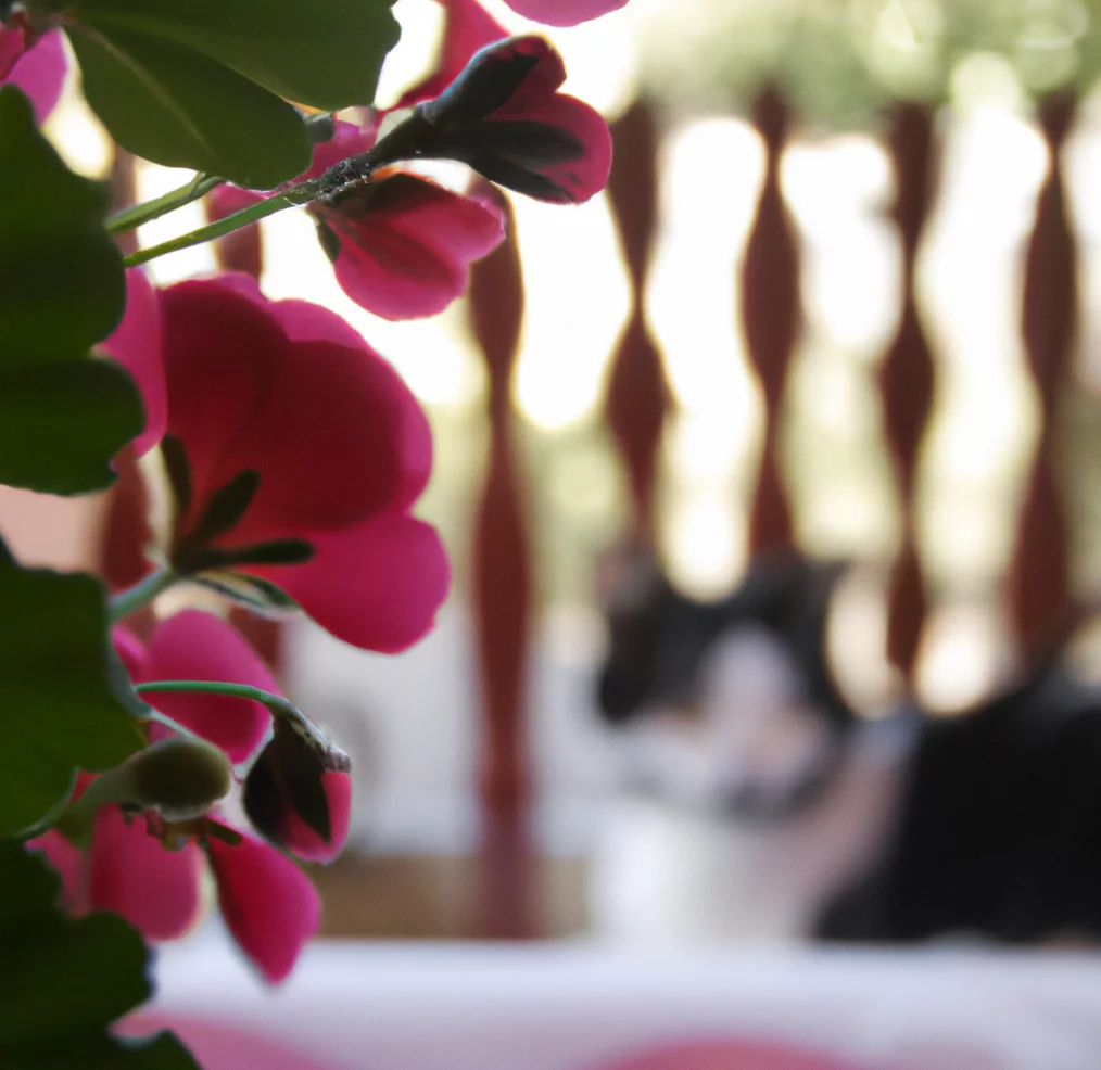 Pelargonium flower with a cat in the background