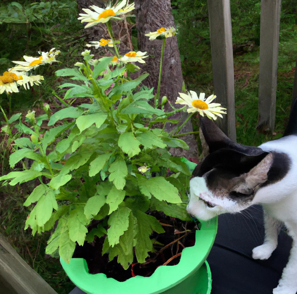 Poison Daisy with a cat trying to sniff it