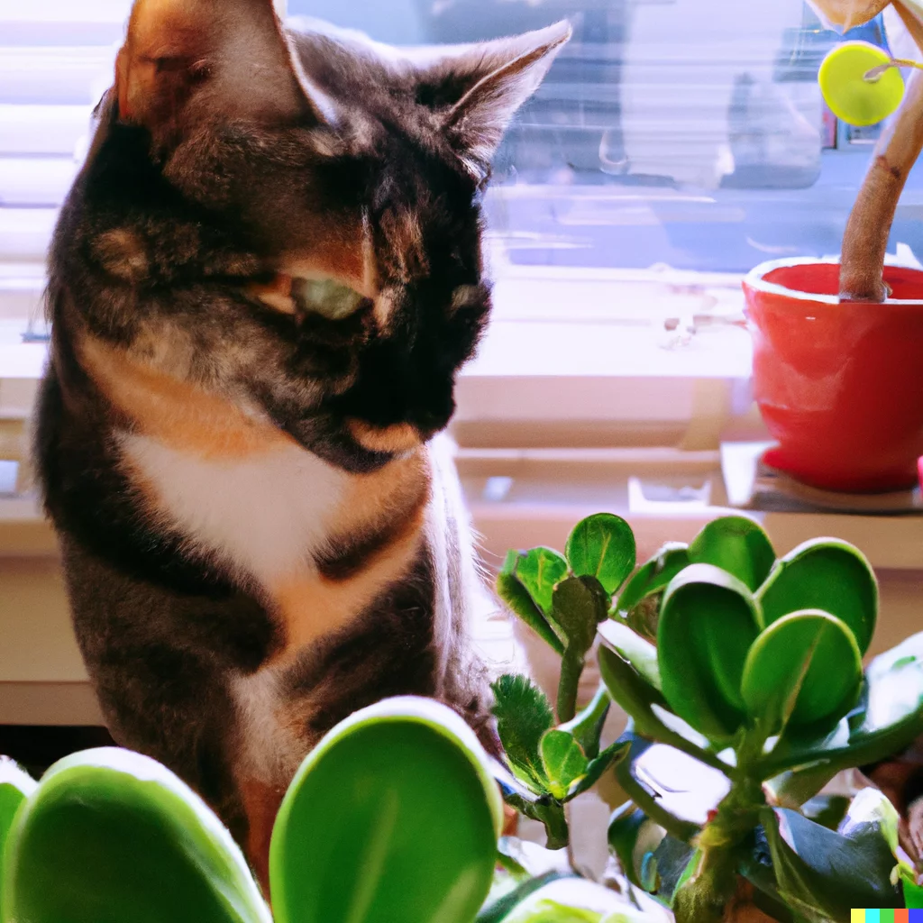 cat is looking at jade plants