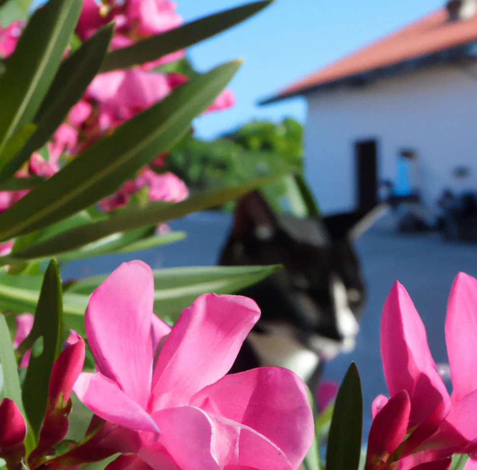 cat stands near oleander