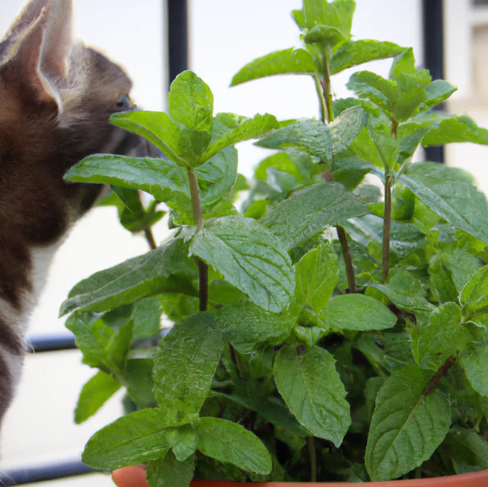 mint plant with a cat trying to sniff it