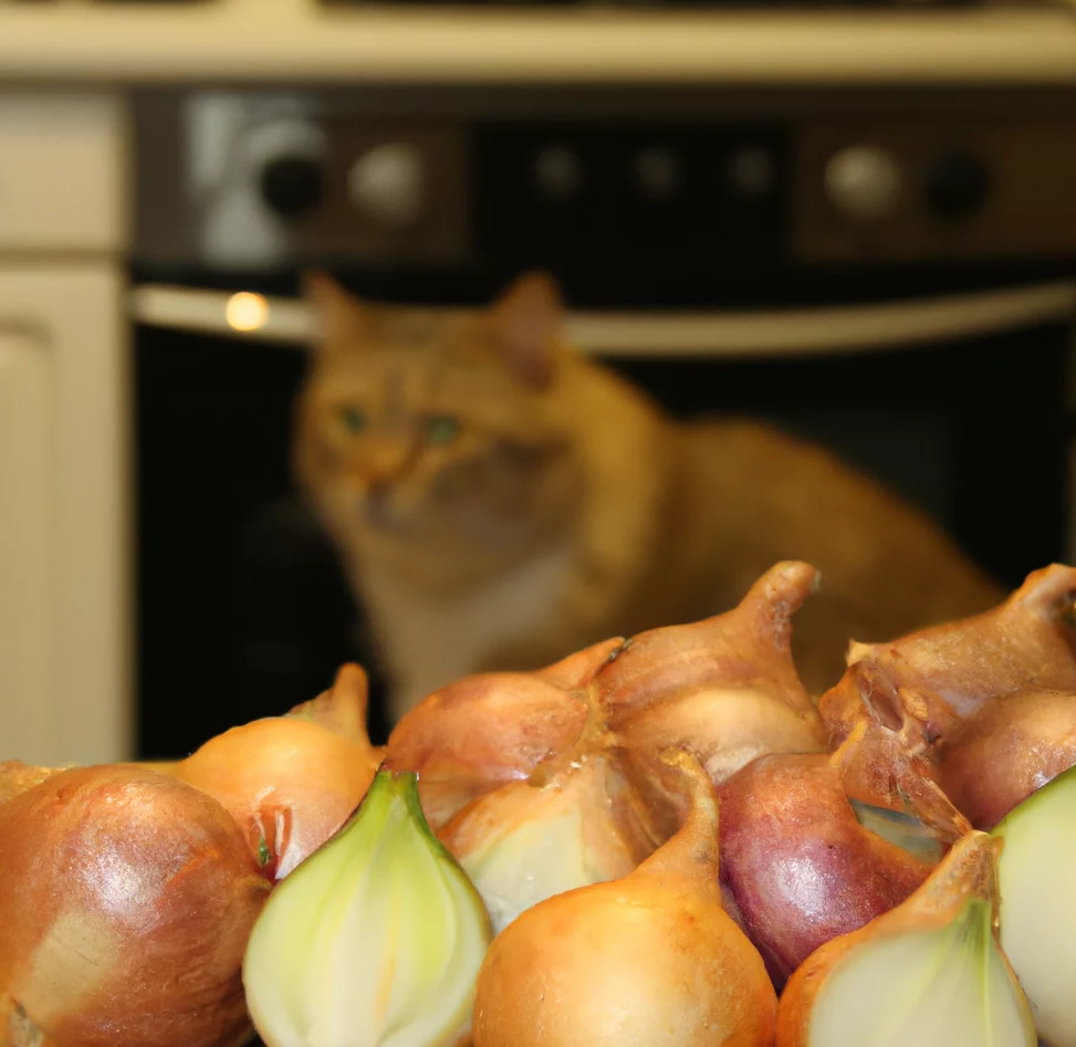 Cat looks at Onions in the kitchen