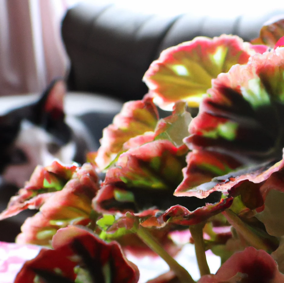 Cat looks at Rex Begonia