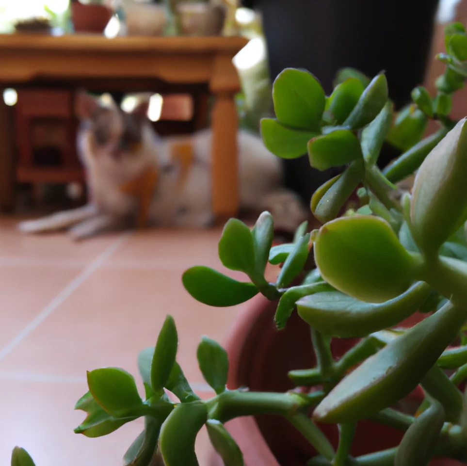 Cat looks at Silver Jade Plant