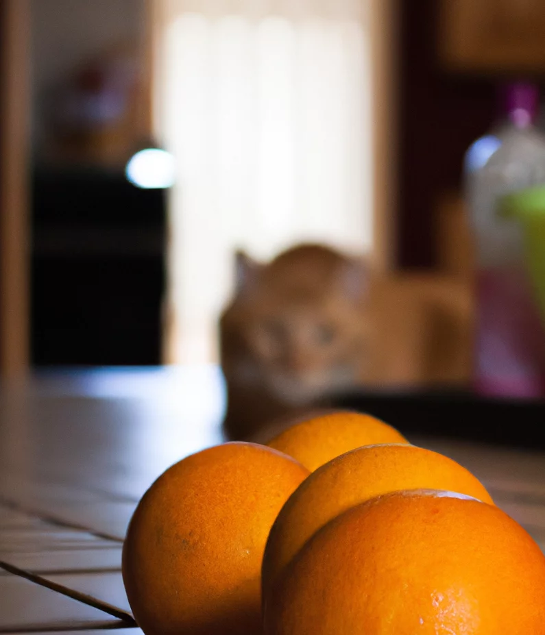 Cat looks at oranges