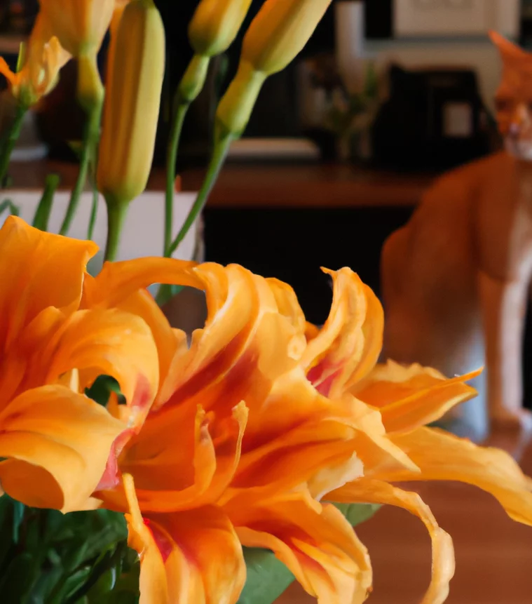 Cat sits near Orange Day Lilies
