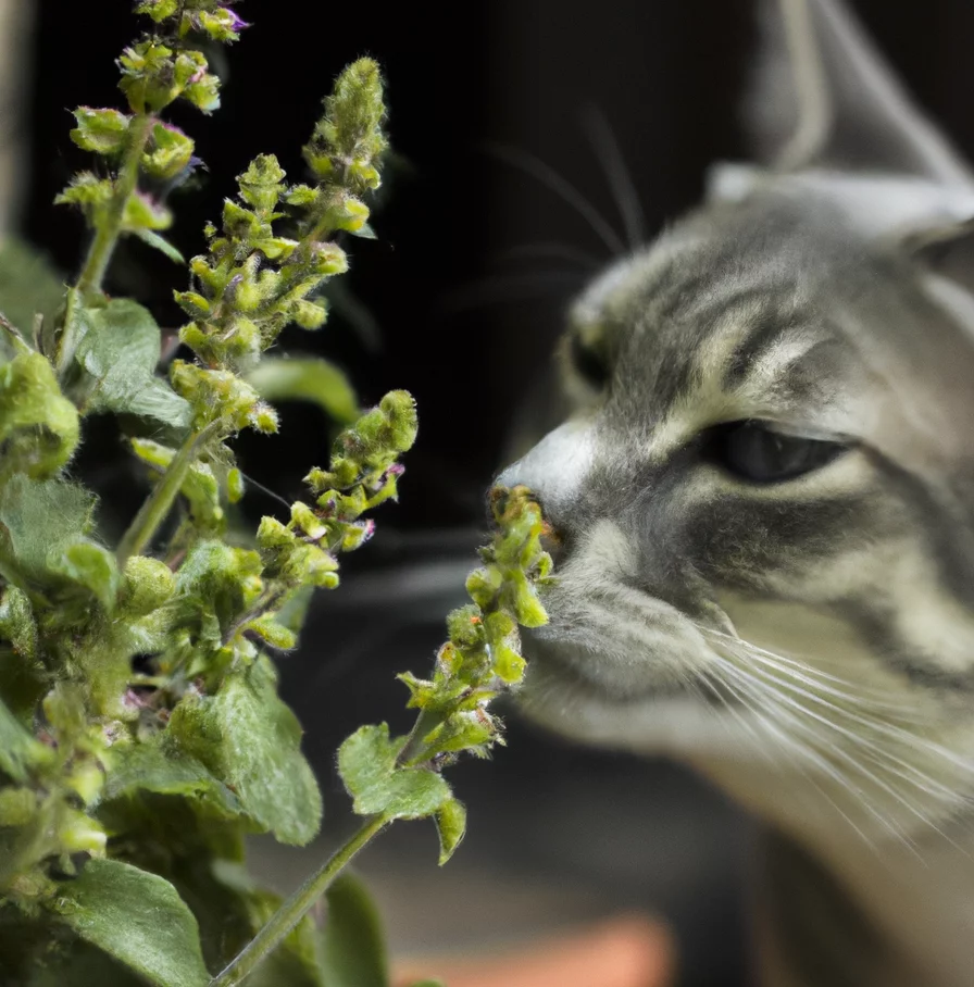 Cat sniffs Oregano