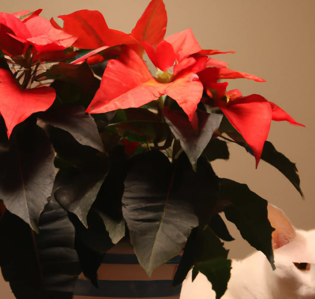 Poinsettias in a vase with a cat in the background