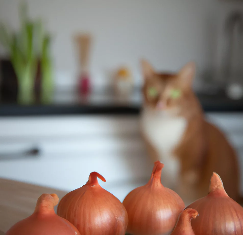 Onions with a cat in the background