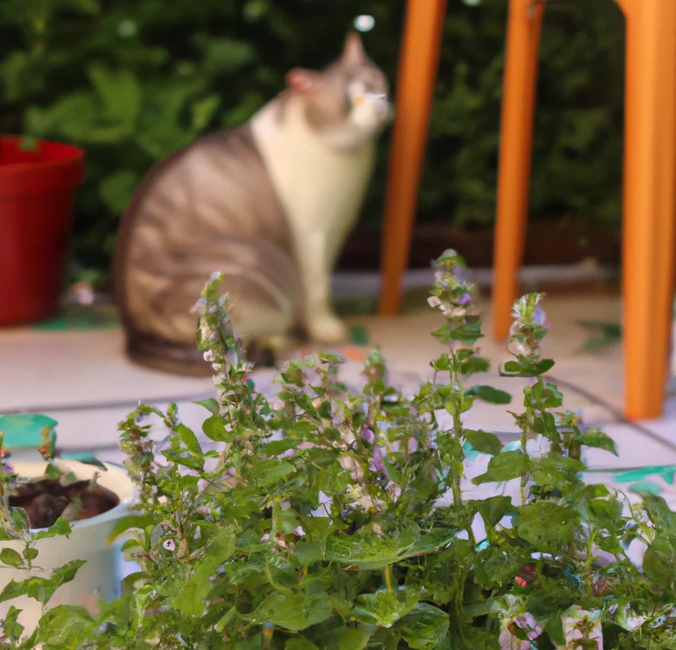 Oregano with a cat in the background