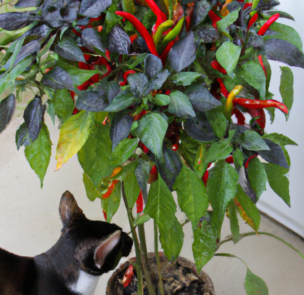 Ornamental Pepper with a cat trying to sniff it