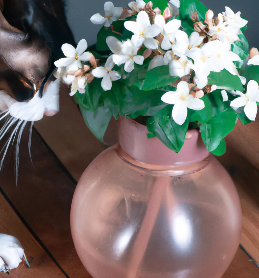 Paraguayan Jasmine in a vase with a cat trying to sniff it