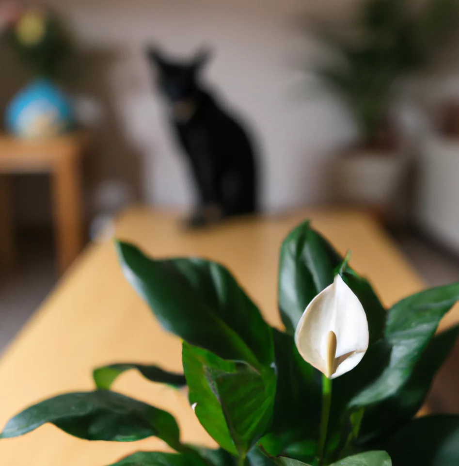 Peace lily with a cat in the background