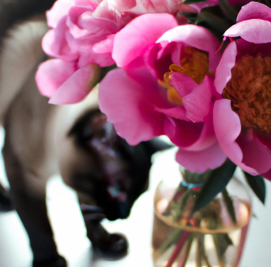 Peony flowers with a cute feline in the background