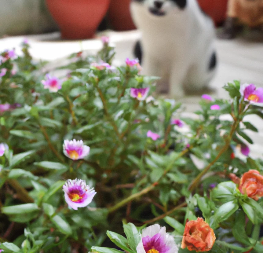 Portulaca with a cat in the background