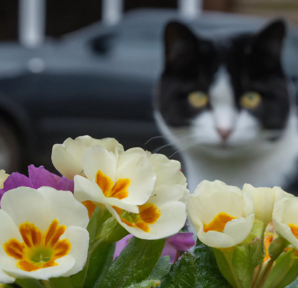 Primrose with a cat in the background