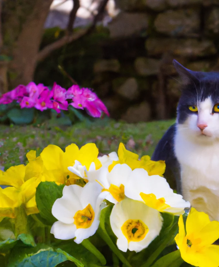 Primrose with a cat sitting nearby