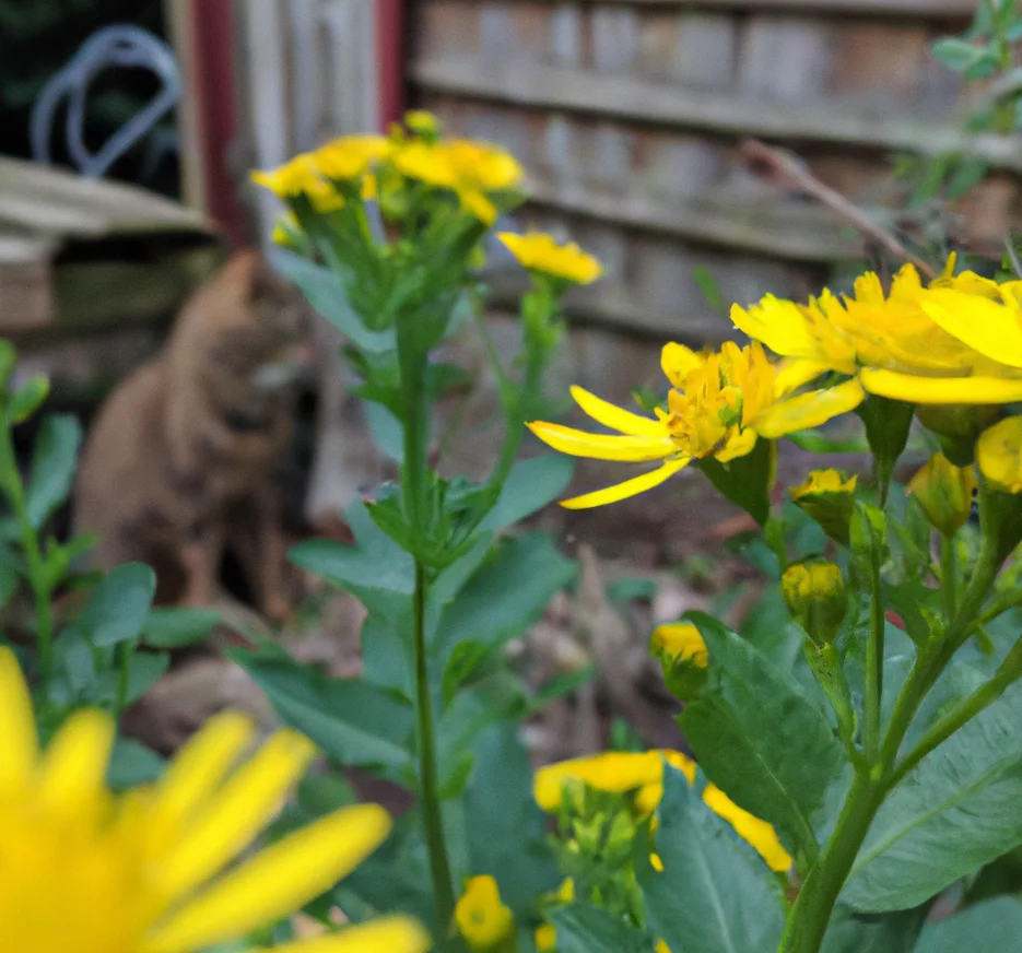 Ragwort flowers with a cat in the background