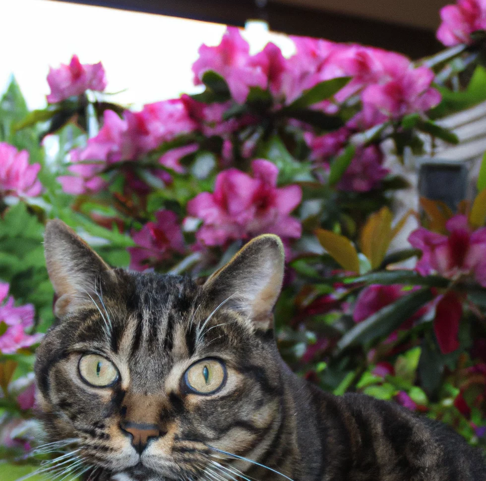 Rhododendron flowers with a cat in the background