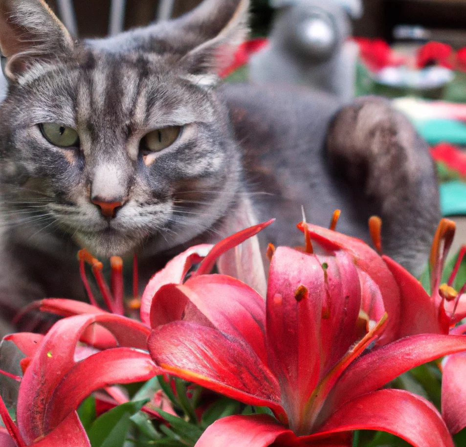 Rubrum Lily with a grey cat in the background