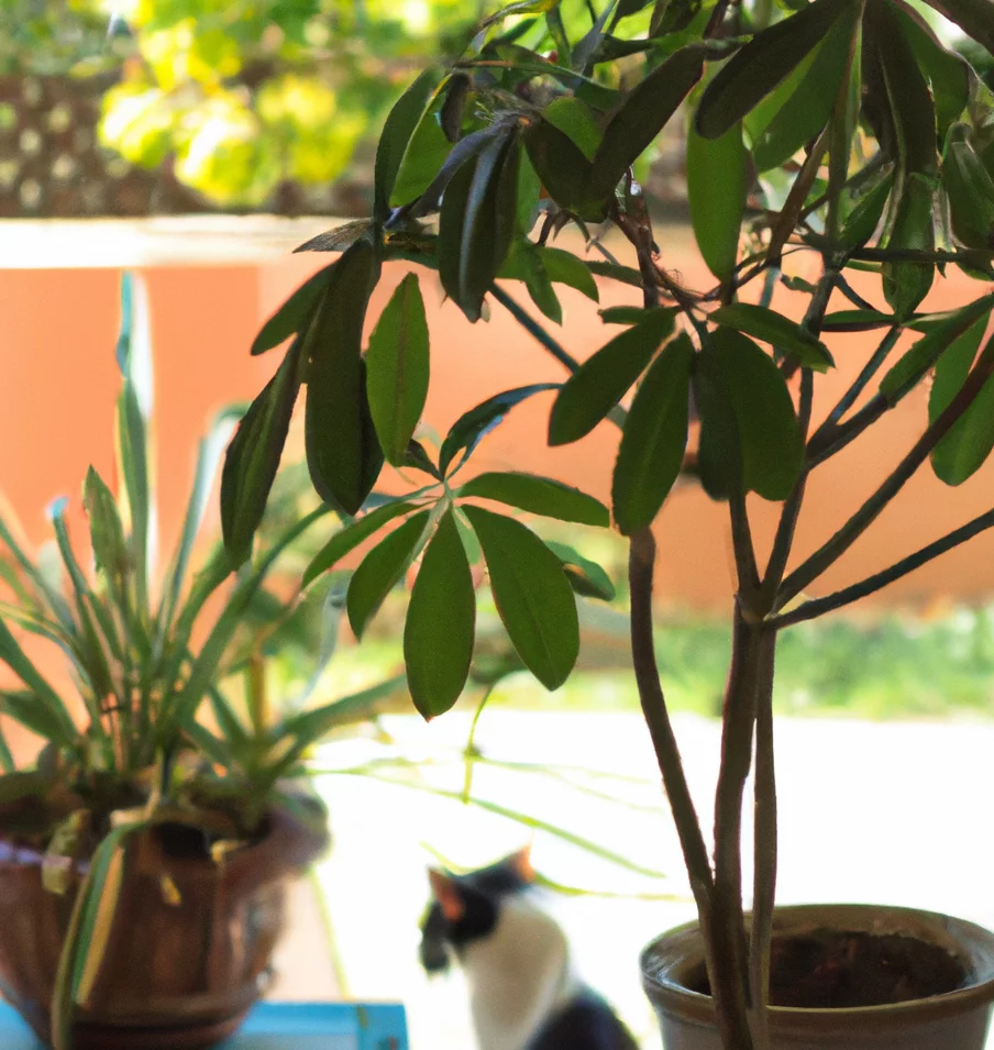 Schefflera with a cat in the background