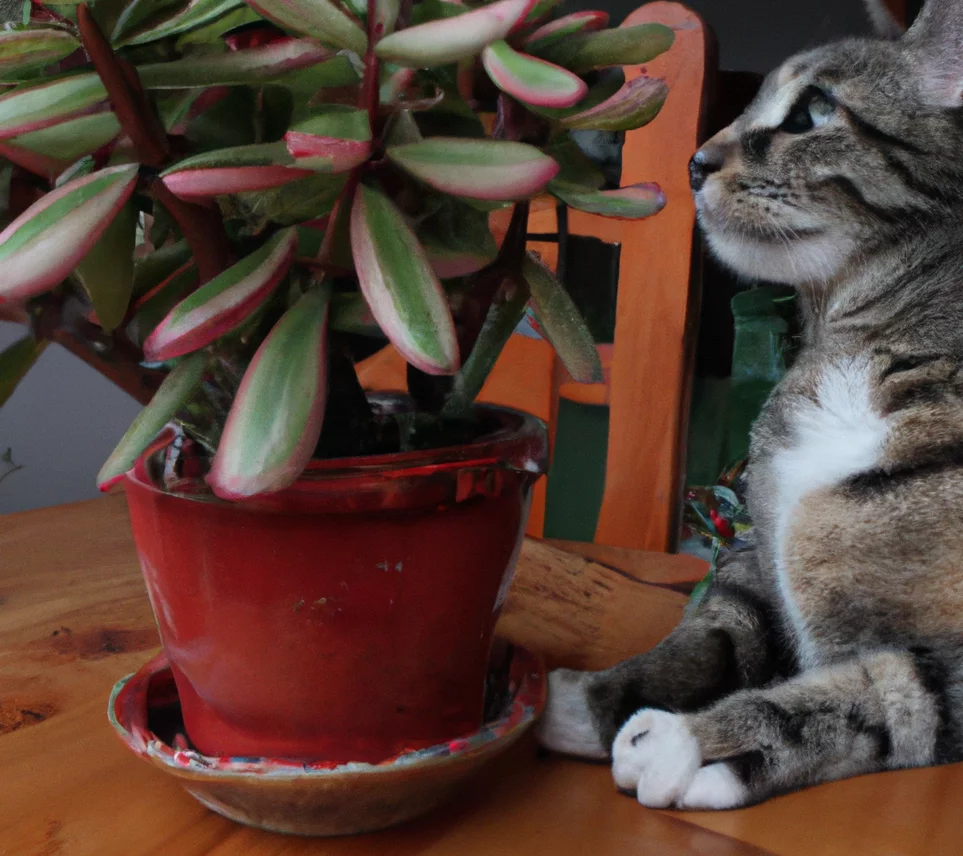 Silver Jade Plant with a cat looking at it