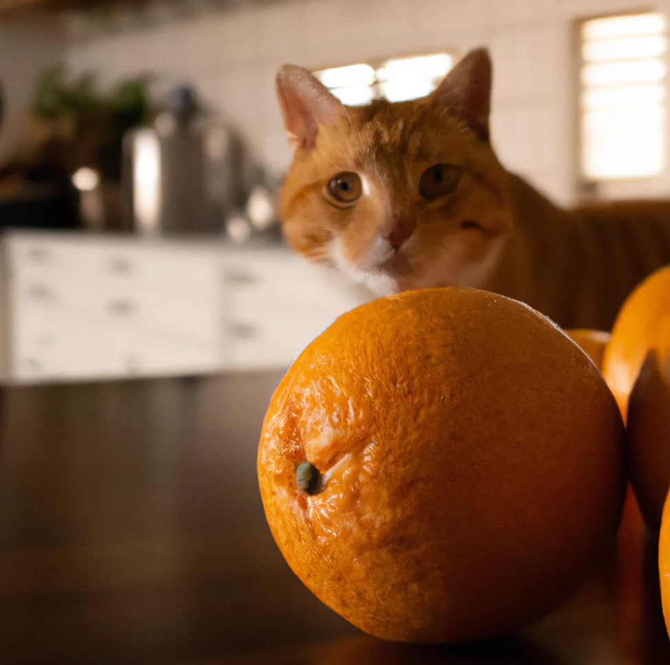 oranges in the kitchen with a cat in the background