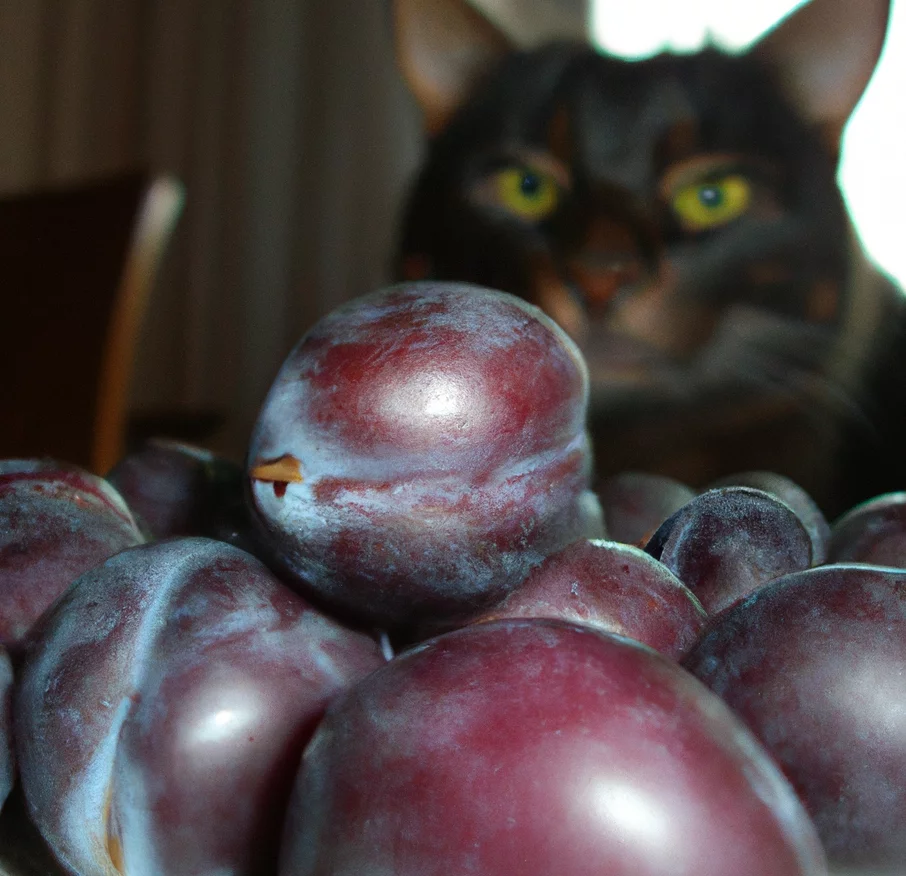 plums with a cat in the background