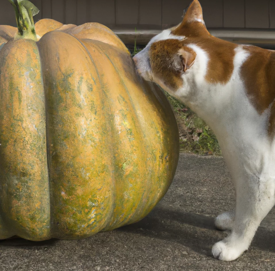 Acorn squash with a cat trying to sniff it