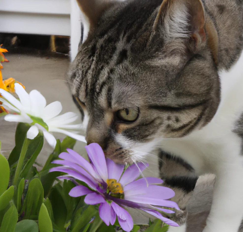 African Daisy flowers with a cat nearby