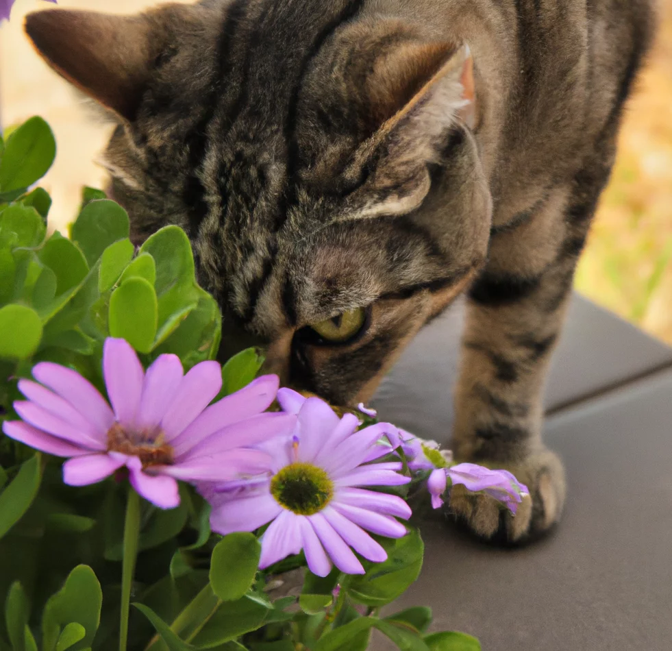 African Daisy with a cat trying to sniff it