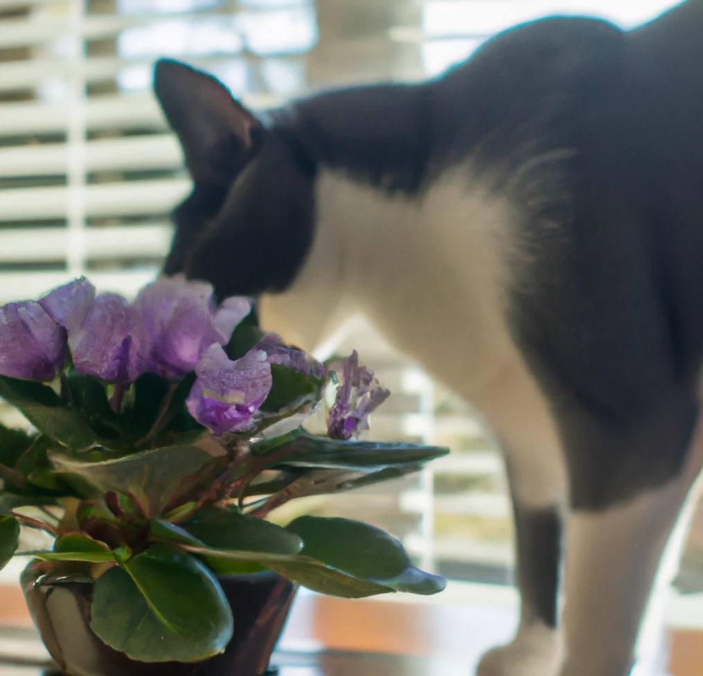 African Violet in a pot with a cat trying to sniff it