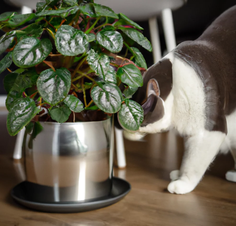 Aluminum Plant pilea in a pot with a cat nearby