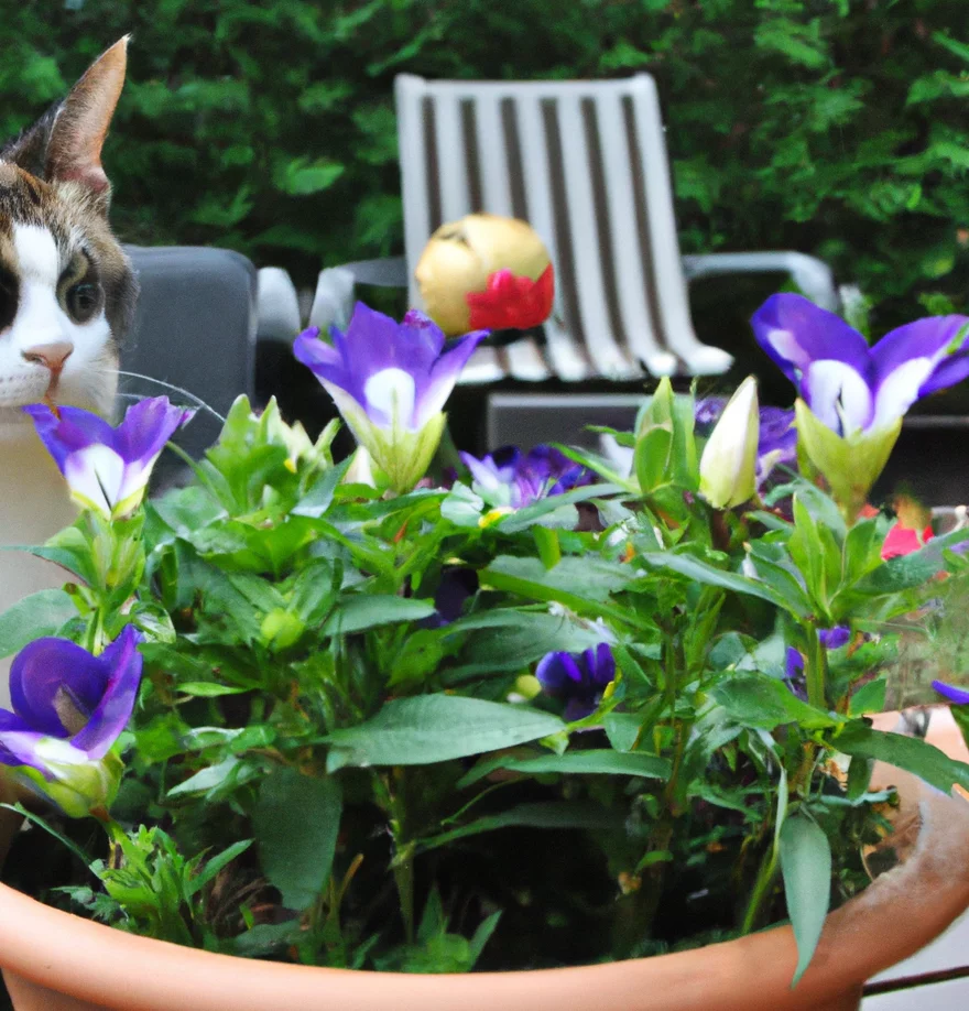 Arabian Gentian in a pot with a cat in the background