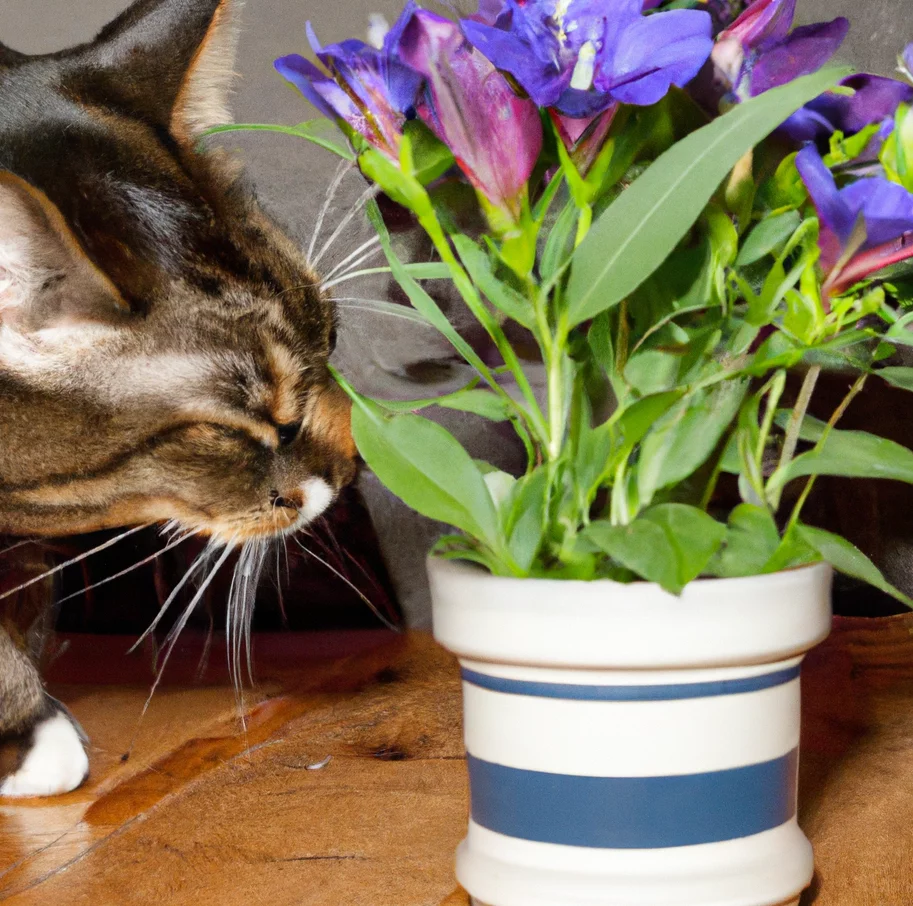 Arabian Gentian with a cat trying to sniff it