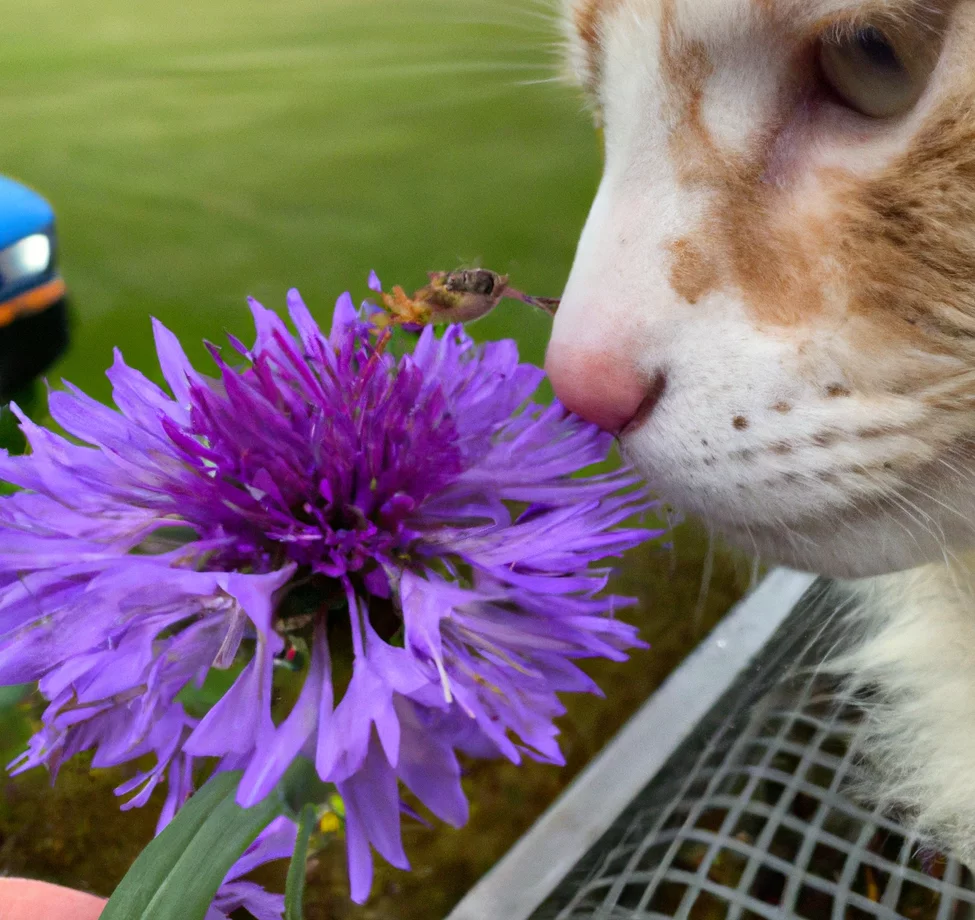 Bachelor’s Buttons with a cat trying to sniff it